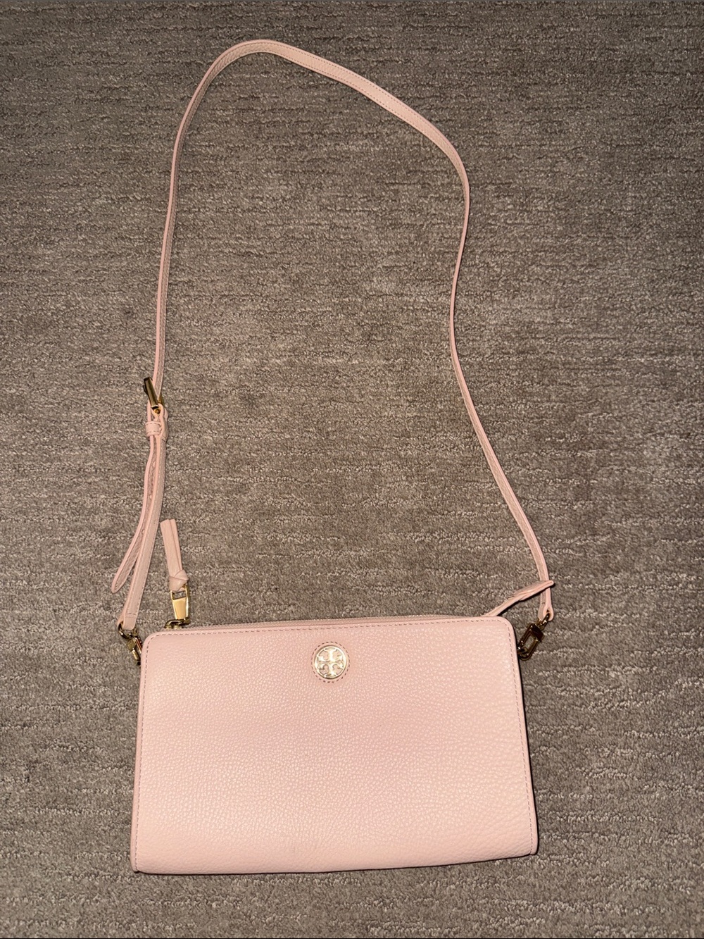 Tory Burch Pale Pink Pebbled Leather Crossbody with Gold Logo